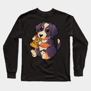 Cute Bernese Mountain Dog Puppy Eating Pizza Long Sleeve T-Shirt